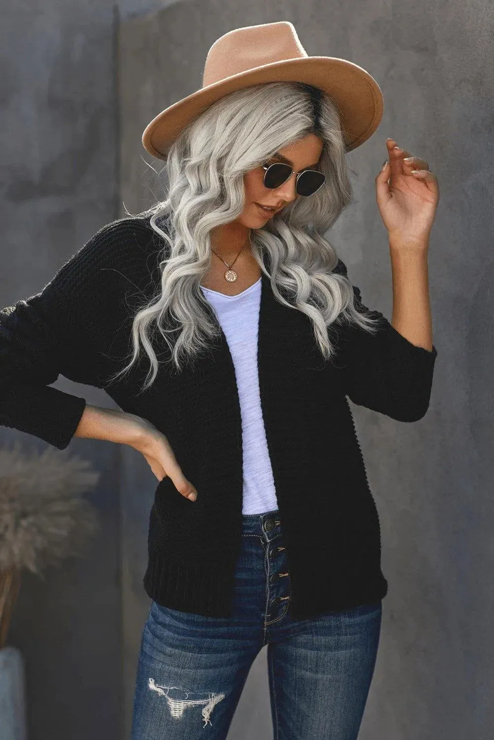 Black Open Front Chunky Knit Cardigan