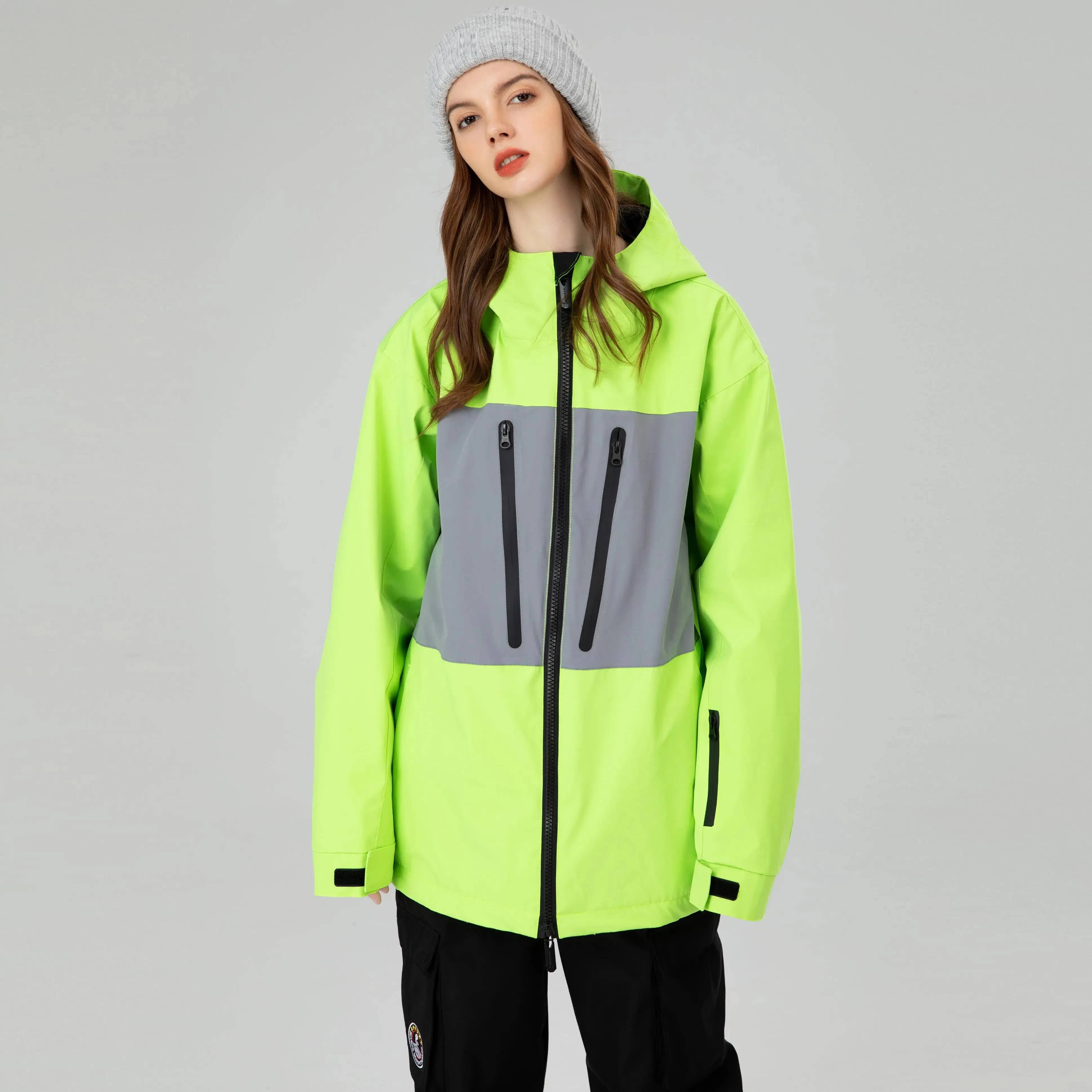 Breathable Neon Colorblock Ski Jackets Oversized Ski Shell Coat