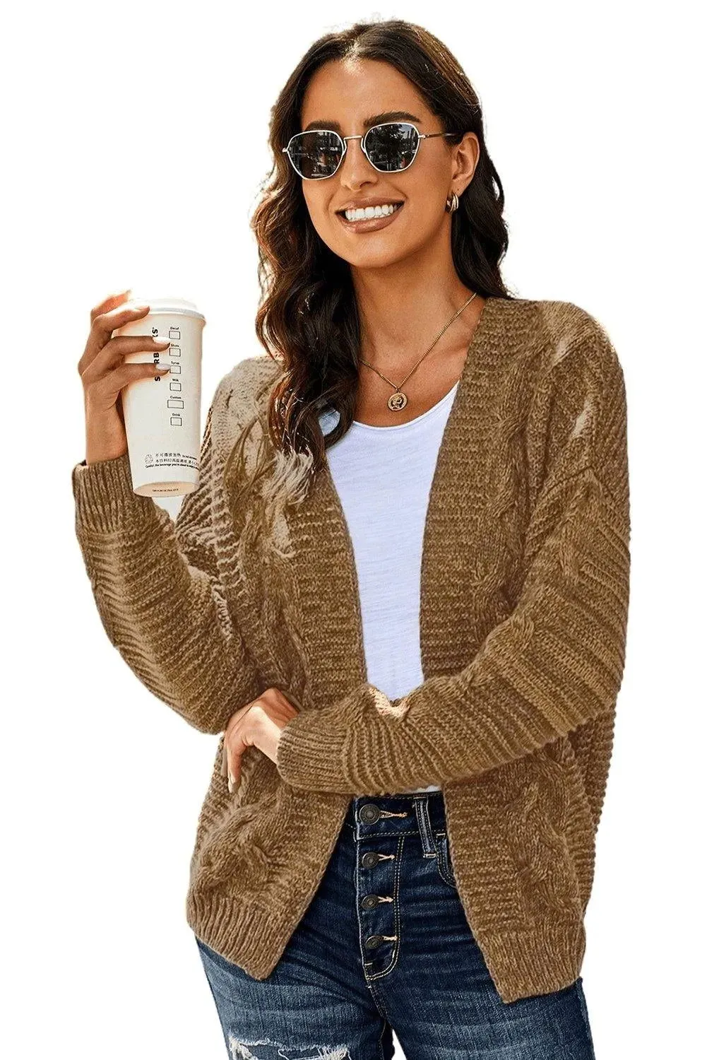 Brown Chunky Wide Long Sleeve Knit Cardigan