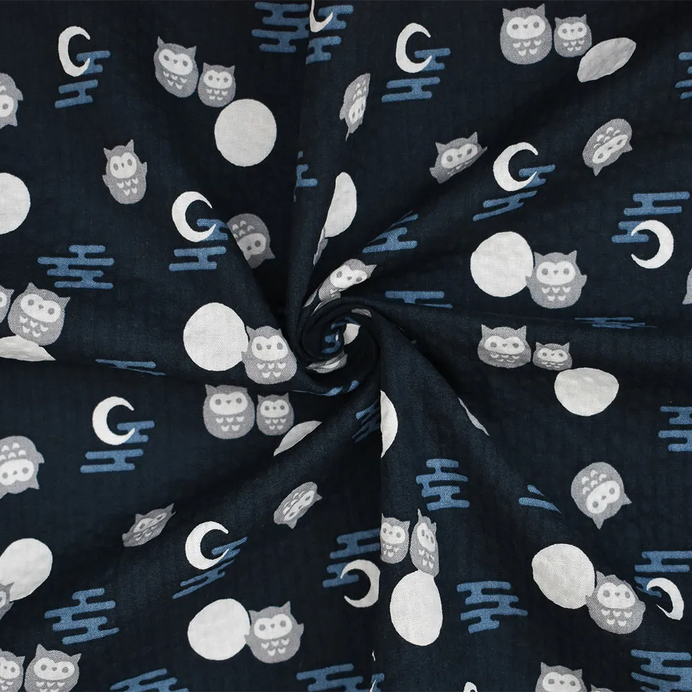 Deep Blue-Gray-Multi Owl Moon Printed Crinkled Cotton Shirting Woven Fabric