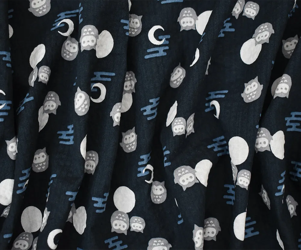 Deep Blue-Gray-Multi Owl Moon Printed Crinkled Cotton Shirting Woven Fabric