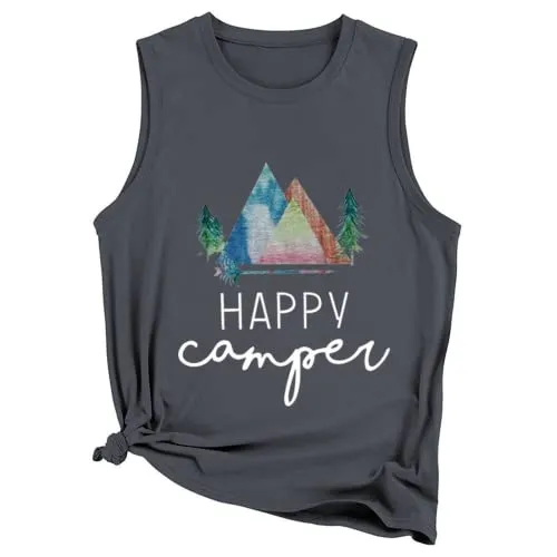 Happy Camper Tank Tops Women Camping Hiking Adventure Crew Shirt