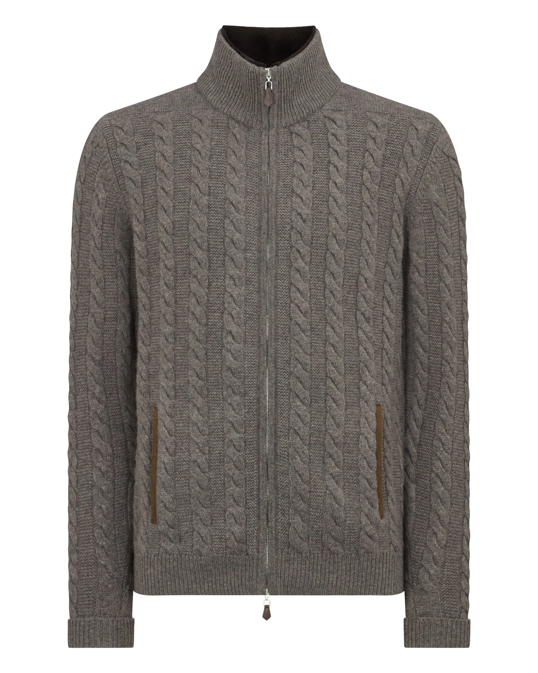 Men's Richmond Cable Cashmere Cardigan Wood Smoke Brown