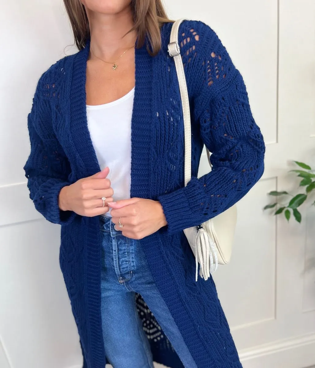 Navy Crochet Knit Longline Cardigan