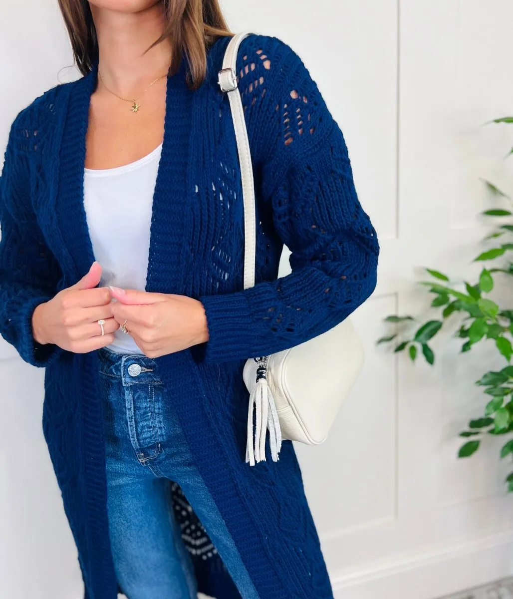 Navy Crochet Knit Longline Cardigan