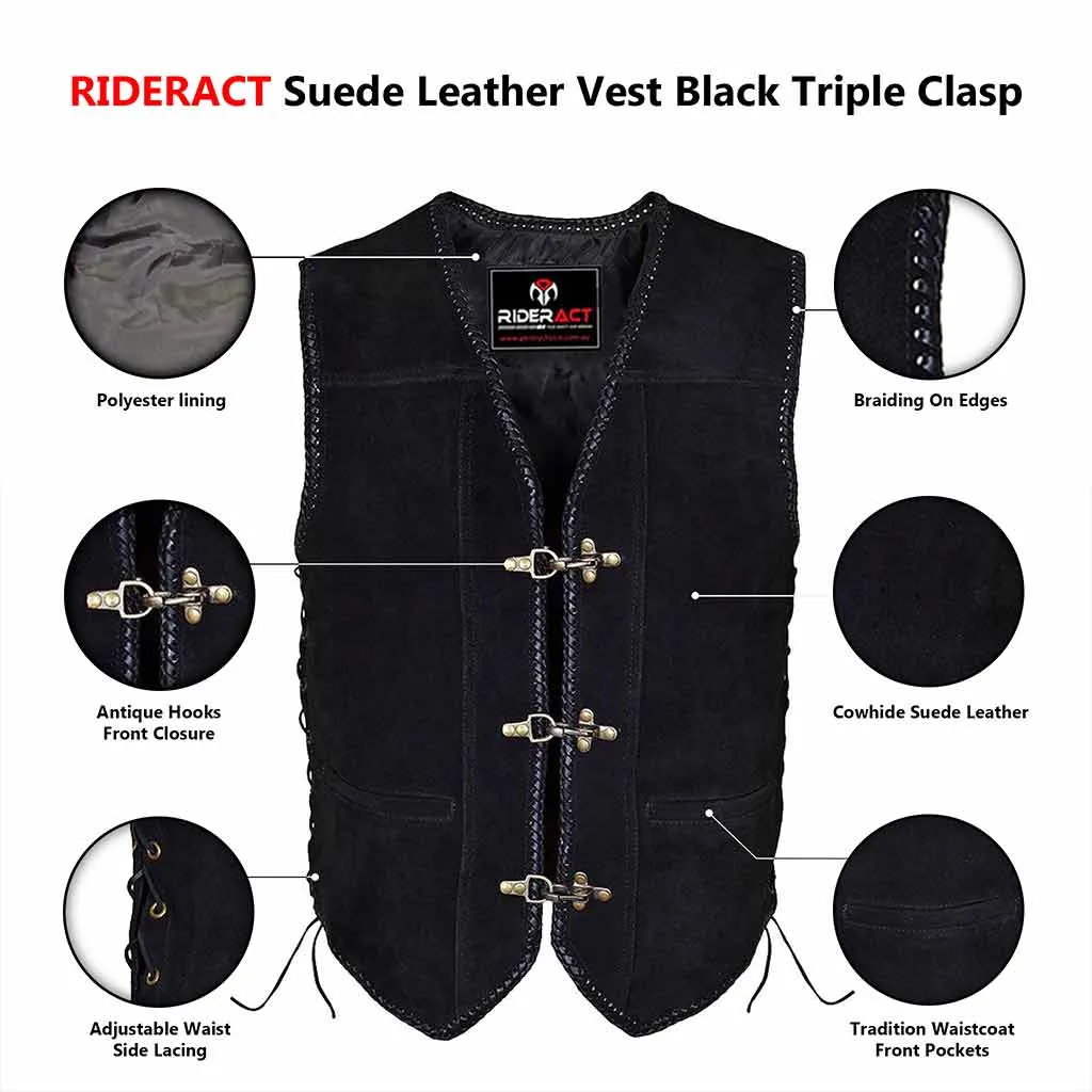 RIDERACT® Suede Leather Motorcycle Vest Black Triple Clasp