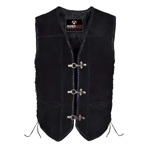 RIDERACT® Suede Leather Motorcycle Vest Black Triple Clasp