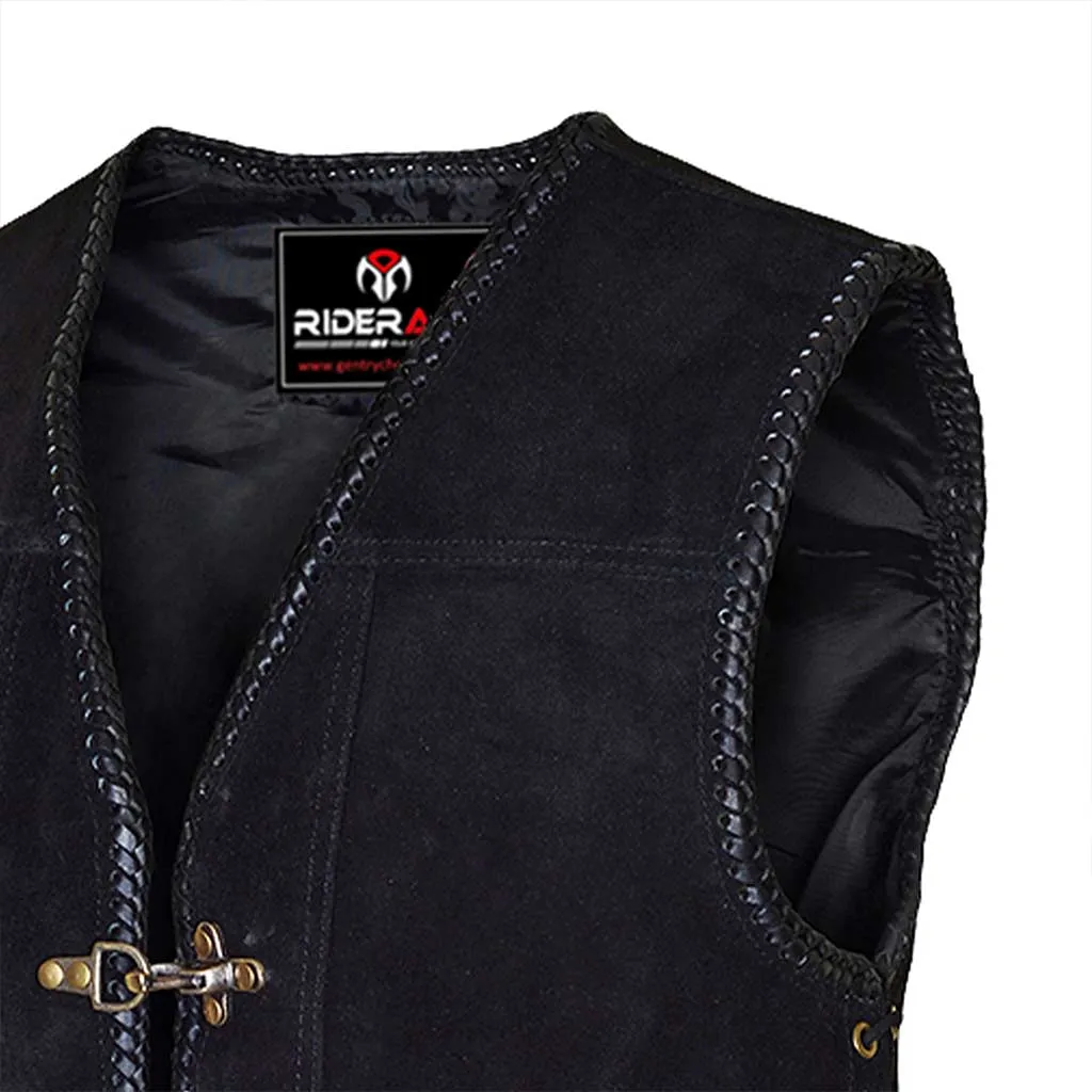 RIDERACT® Suede Leather Motorcycle Vest Black Triple Clasp