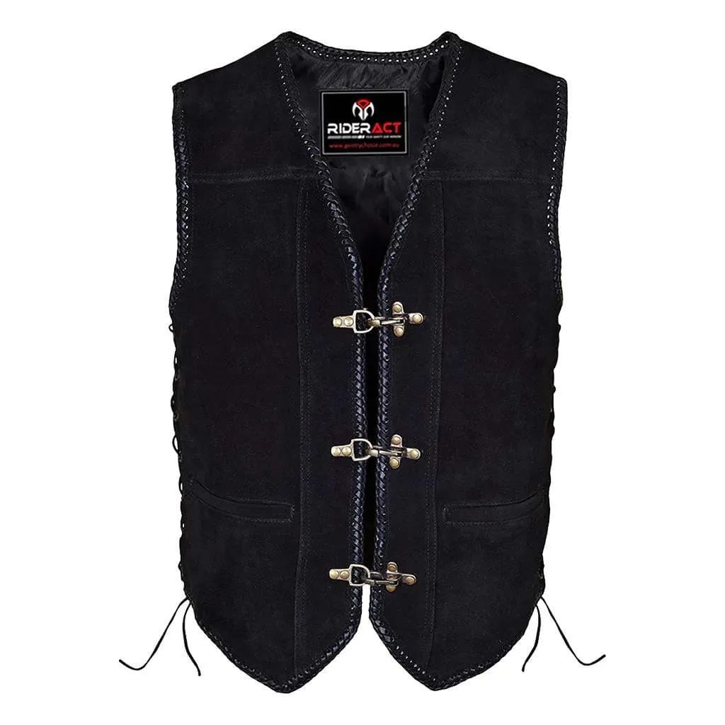 RIDERACT® Suede Leather Motorcycle Vest Black Triple Clasp