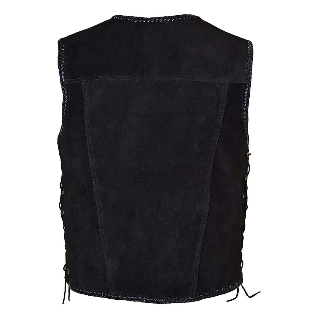 RIDERACT® Suede Leather Motorcycle Vest Black Triple Clasp