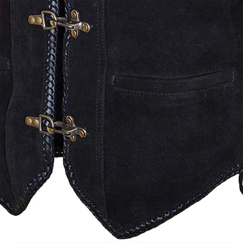 RIDERACT® Suede Leather Motorcycle Vest Black Triple Clasp