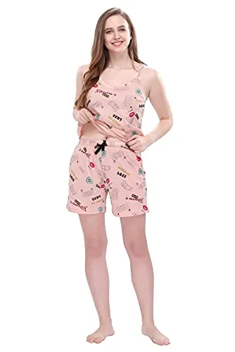 Style Dunes Night Suit Set for Women | Printed Cotton Cami Top & Shorts Set for Women Pink