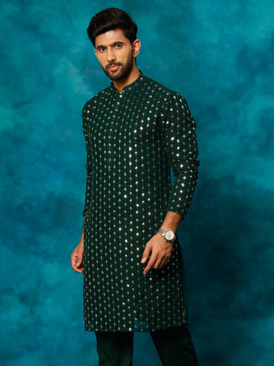 VASTRAMAY Men's Green Georgette Sequins Kurta