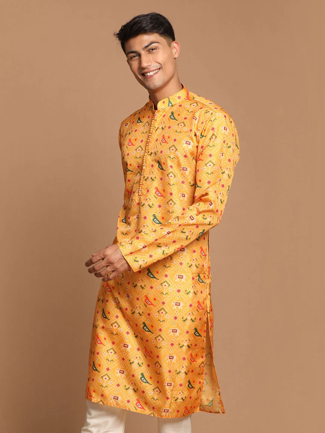 VASTRAMAY Men's Yellow Silk Blend Ethnic Kurta