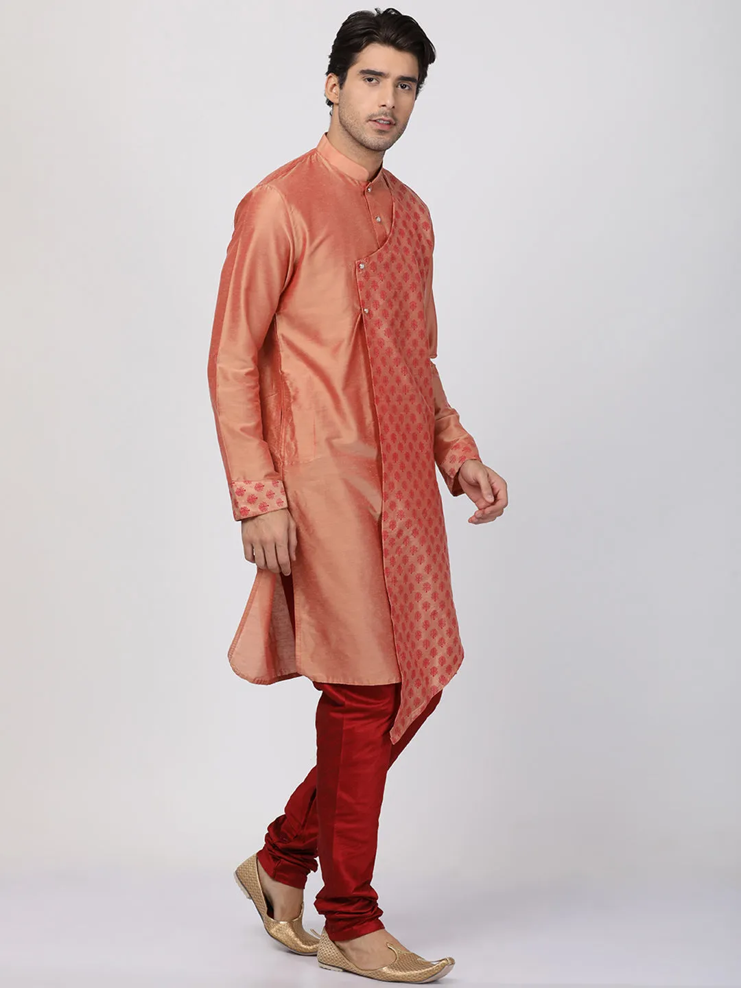 VASTRAMAY Peach Cotton Silk Kurta Set