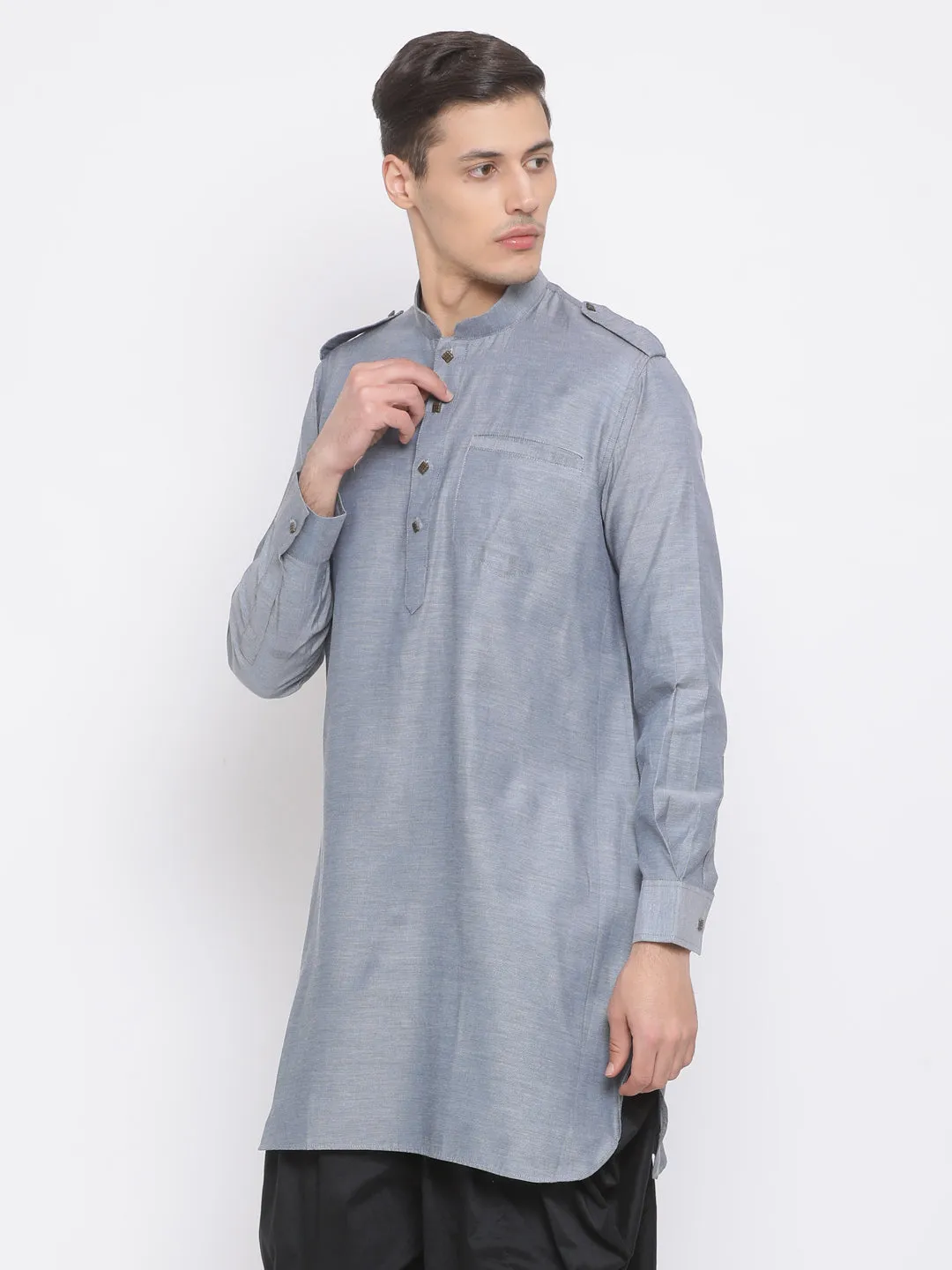 VM BY VASTRAMAY Men's Grey Cotton Blend Kurta