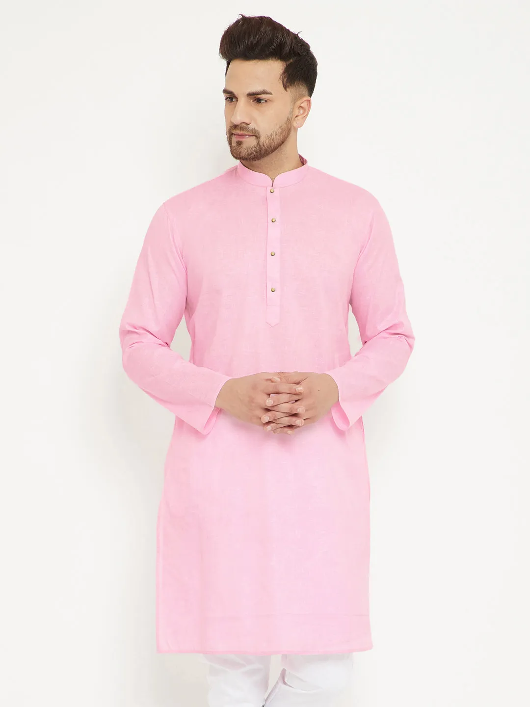 VM BY Vastramay Men's Pink Cotton Blend Kurta